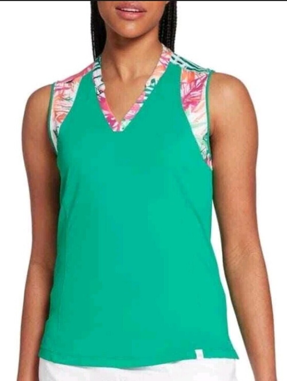 NWOT Lady Hagen Womens Emerald Green V-Neck Tunic Tropical Print Trim Size XXL